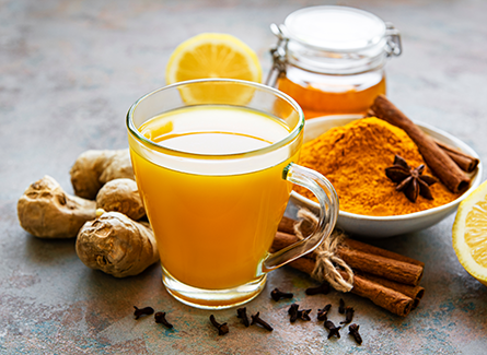 Ginger, tea, cinnamon and tumeric